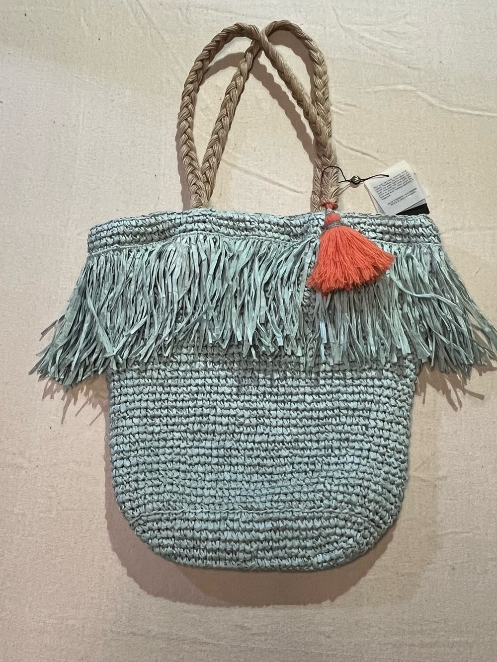Tide & Tassel Straw Tote, America & Beyond, Zippered Raffia Bag, Pastel Blue NWT